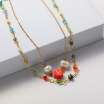 collar shrek doble cadena charm perla roja con piedras colores