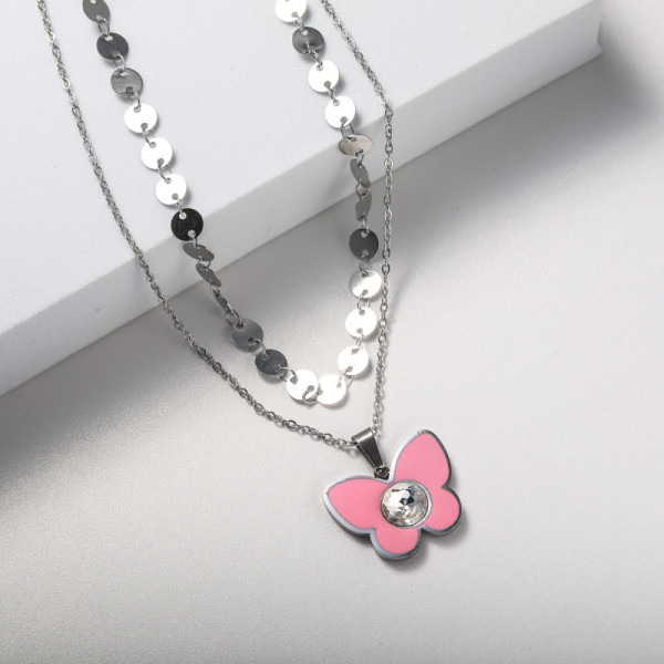 Collares de moda acero inoxidable para mujer mariposa con cristal