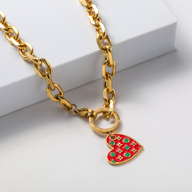 collar grueso con charms dije corazon roja 18k