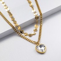 Collares de Acero Inoxidable para Mujer con dijes de corazon cristal doble cadenas