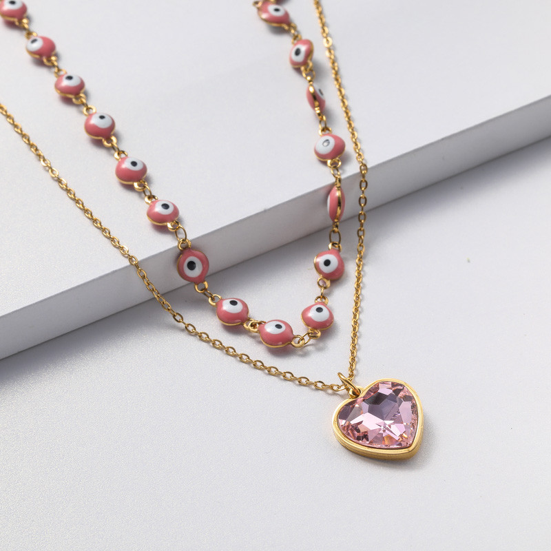 US$ 2.10 ~ US$ 4.20 - Collares de Acero Inoxidable para Mujer con dijes de  corazon cristal doble cadenas - Joyas De Acero Por Mayor