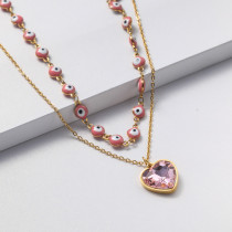 Collares de Acero Inoxidable para Mujer con dijes de corazon cristal doble cadenas