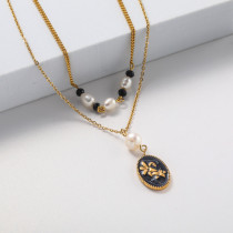 collar mujer doble cadena oro 18 con perla natural charm negra