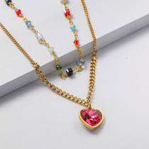 Collares de Acero Inoxidable para Mujer doble cadenas con dije de corazon cristal