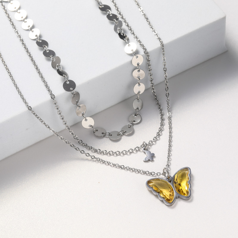 collar de moda de acero inoxidable para mujer mariposa cristal mutilcapa