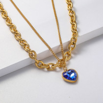 Collares de doble cadenas Acero Inoxidable para Mujer con piedra azul