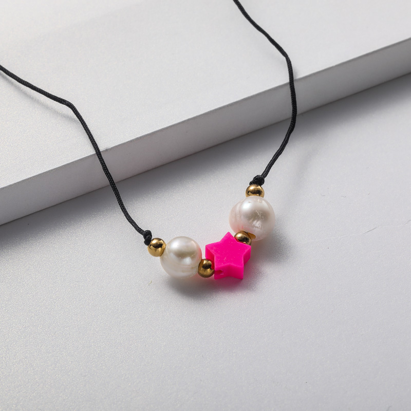 collar con hilo negro perlas natural dije estrella rosado