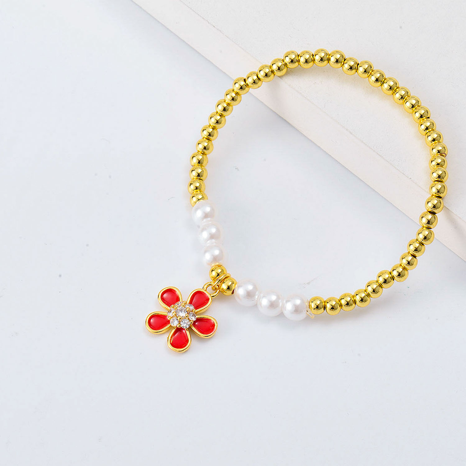 Pulseras de moda Oro Laminado con flores y perlas