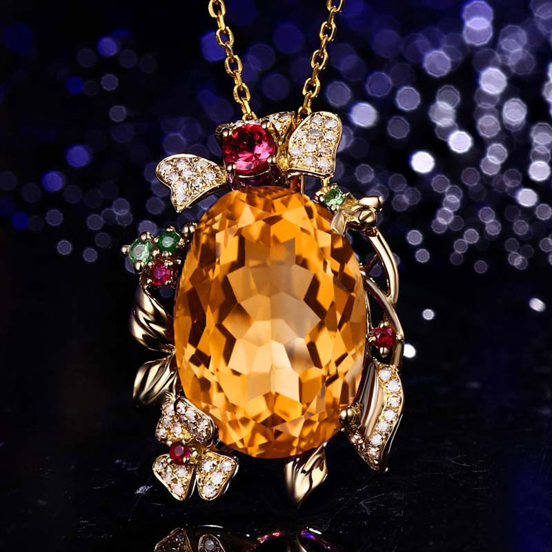 colgante de cuarzo amarillo con diamante para mujer