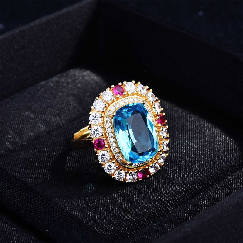 anillo de topacio natural lujo con diamantes para mujer