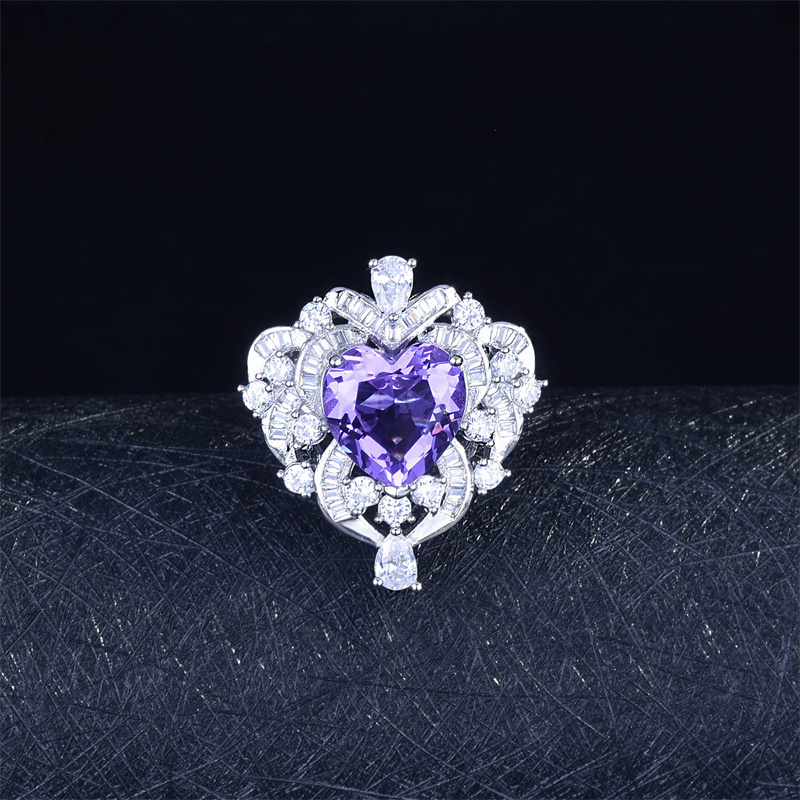 anillo de diamante con corazon de natural lavanda cristal para mujer