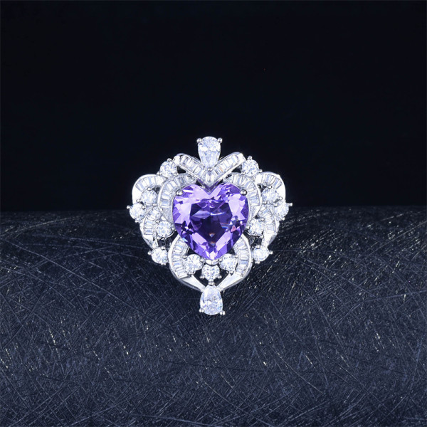 anillo de diamante con corazon de natural lavanda cristal para mujer