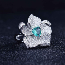 anillo ajustable de flor con diamante aguamrina para mujer