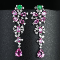 aretes largos de cuarzo rosa con diamantes y esmeralda natural para mujer