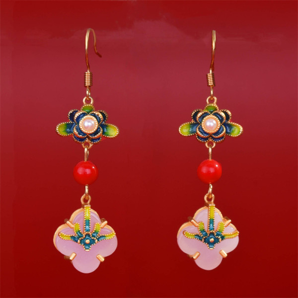 aretes antiguos de lotos de oro con jade rosa para mujer