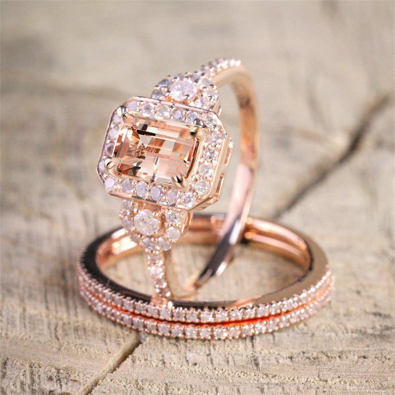 conjunto de anillos de oro rosa 18k de compromiso para mujer