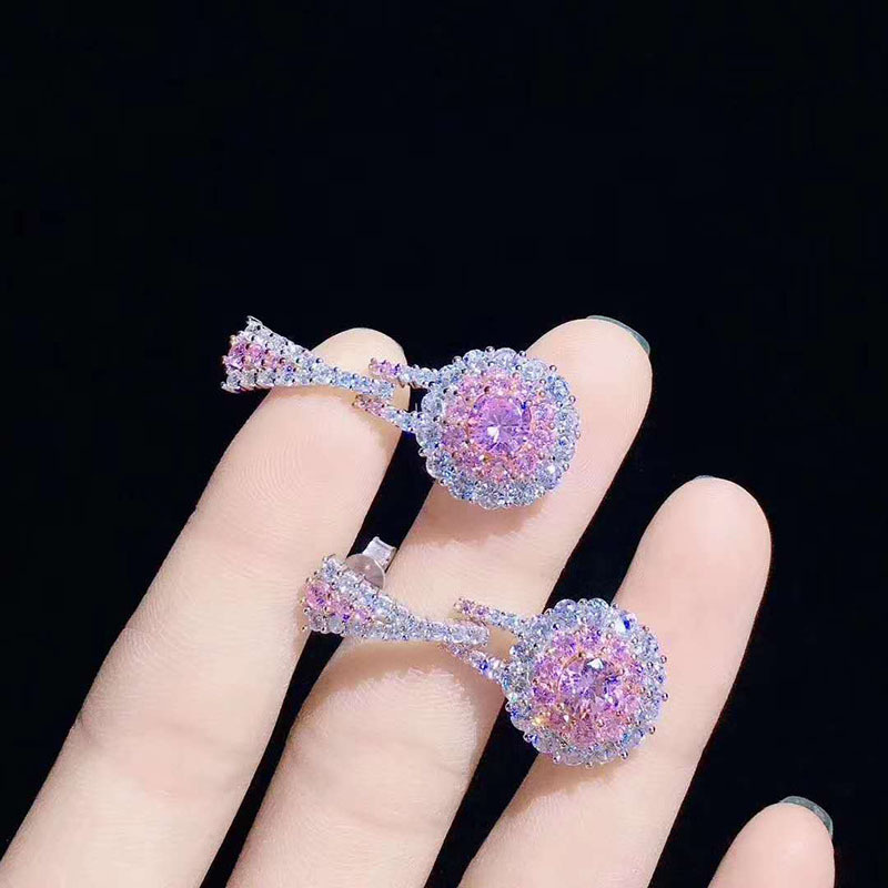 aretes lujos de cuarzo rosa con diamantes para mujer