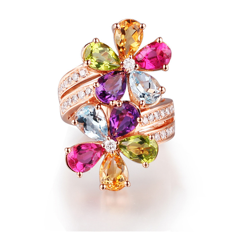 anillos de flor de piedras de colores de moda para mujer