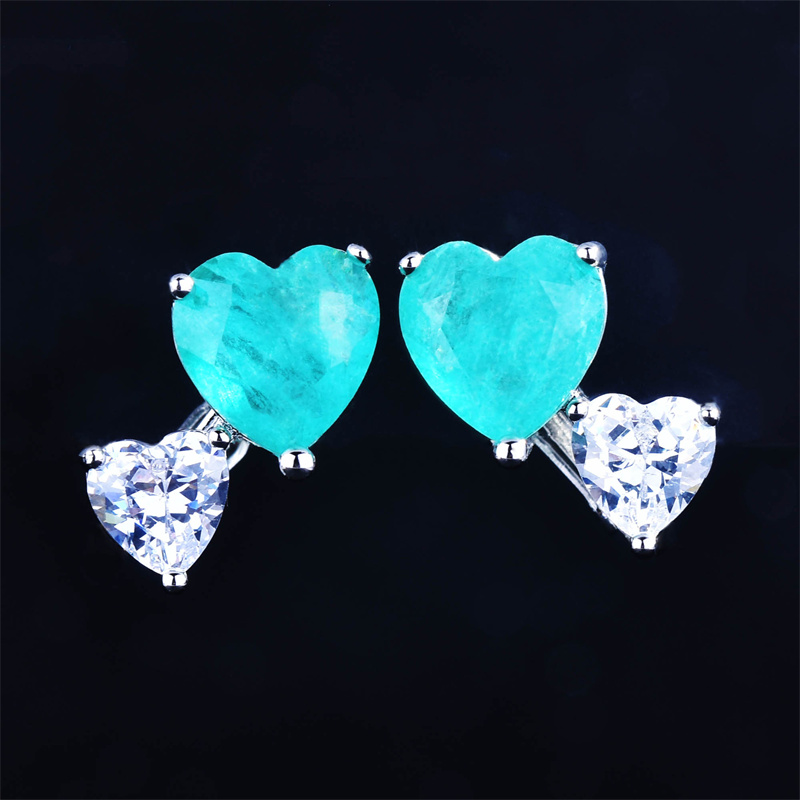 aretes de corazon de paraíba azul verde con diamante para mujer