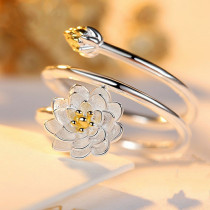 anillos sencillos plateados de flor de loto de moda para mujer