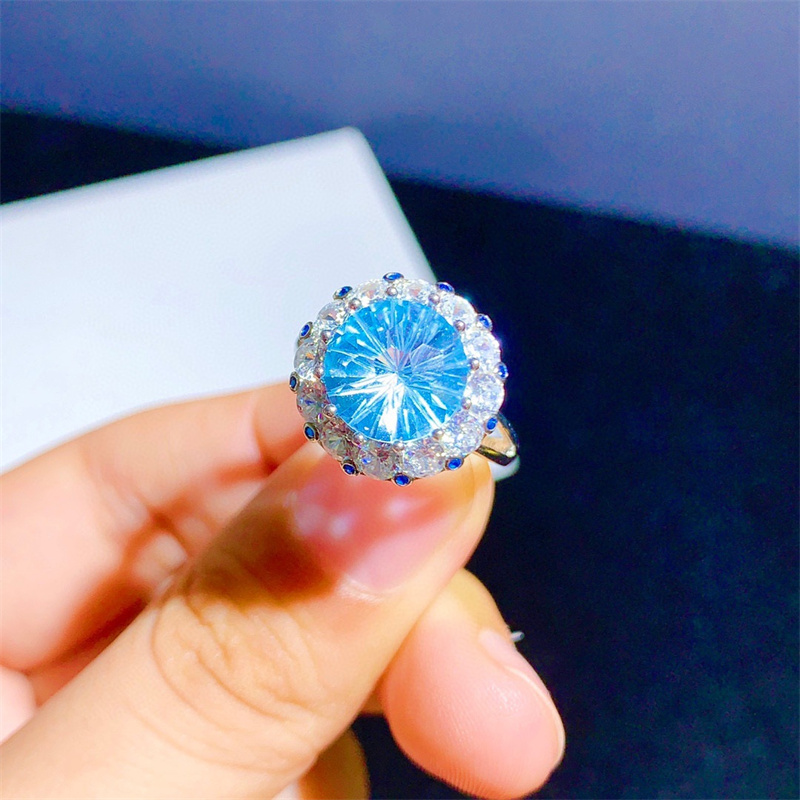 anillos bonitos de natural aguamarina de corte de fuegos artificiales para mujer