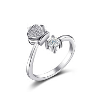 anillos ajustables plateados con corazon diamante para parejas