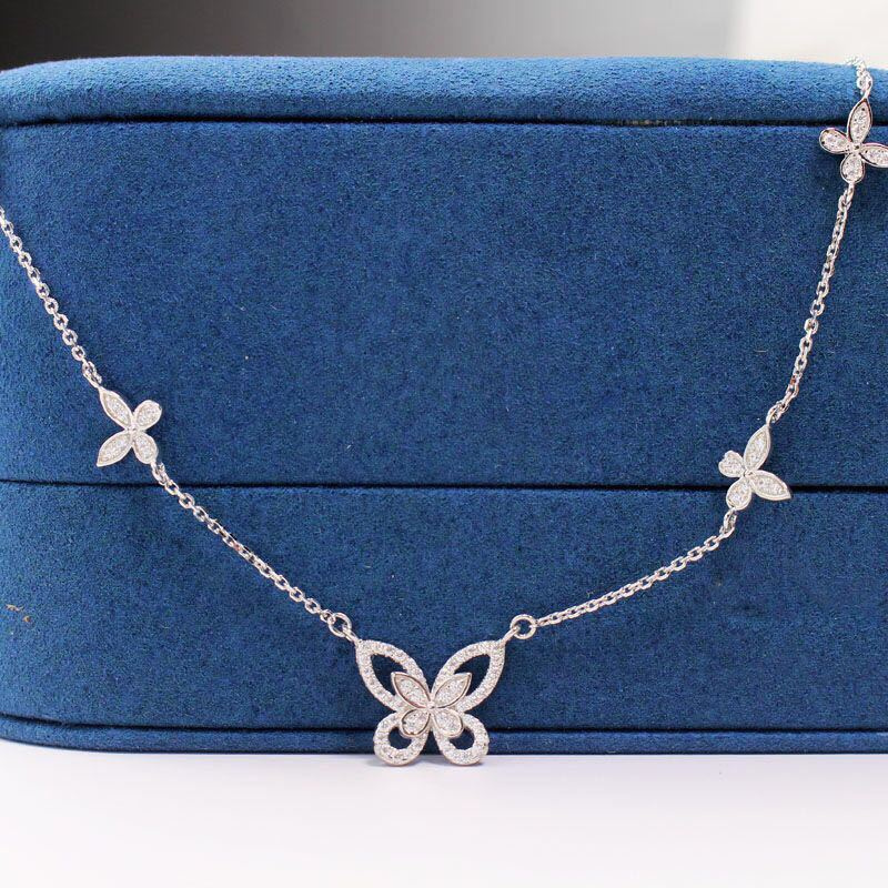 collar plateado de mariposa con diamante para mujer
