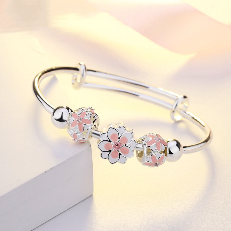 pulseras plateadas con rosa flor perla para mujer