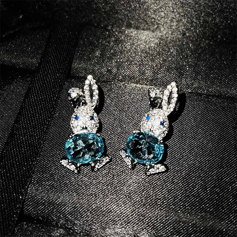 aretes bonitos de conejo de diamante y aguamarina para mujer