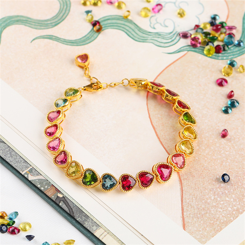pulseras bonitos de oro 18k con corazon de piedras de colores para mujer