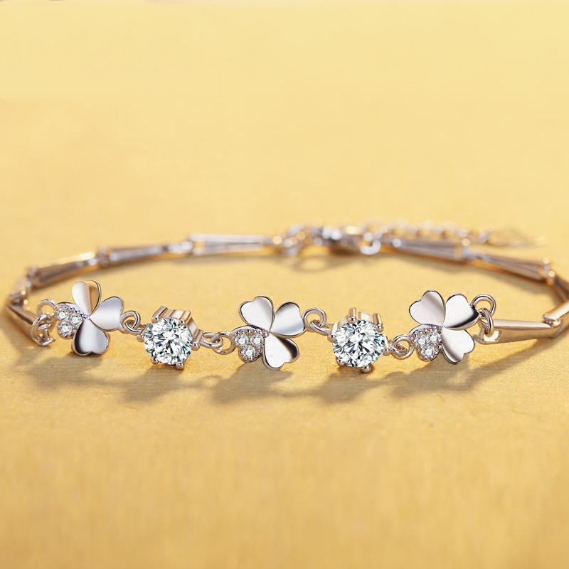 pulsera plateadas de trébol de cuatro hojas de circonita para mujer