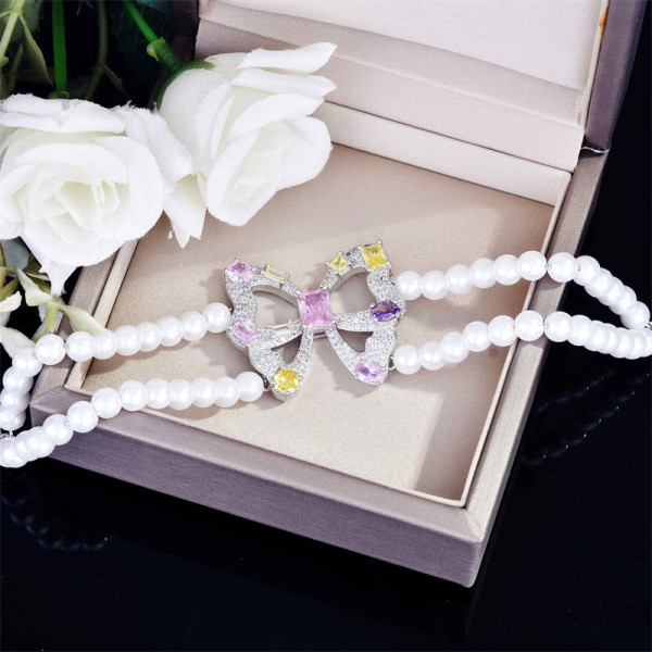 pulseras bonitas de perla con lazo de diamantes y cuarzo rosa para mujer