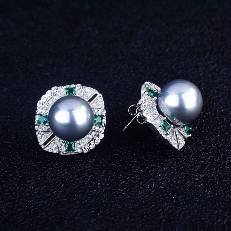 aretes de gran perla negra con diamantes para mujer