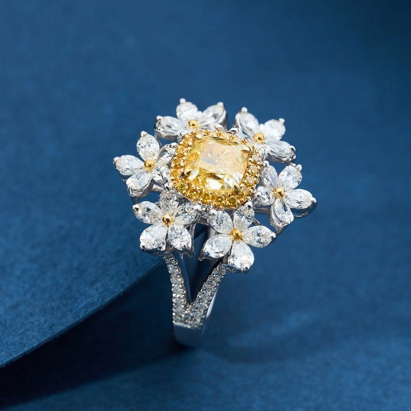 anillos de matrimonio de flor de amarillo cristal con diamante para mujer
