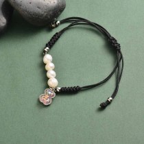 pulsera de hilo negro con perla natural dije de osito blanco