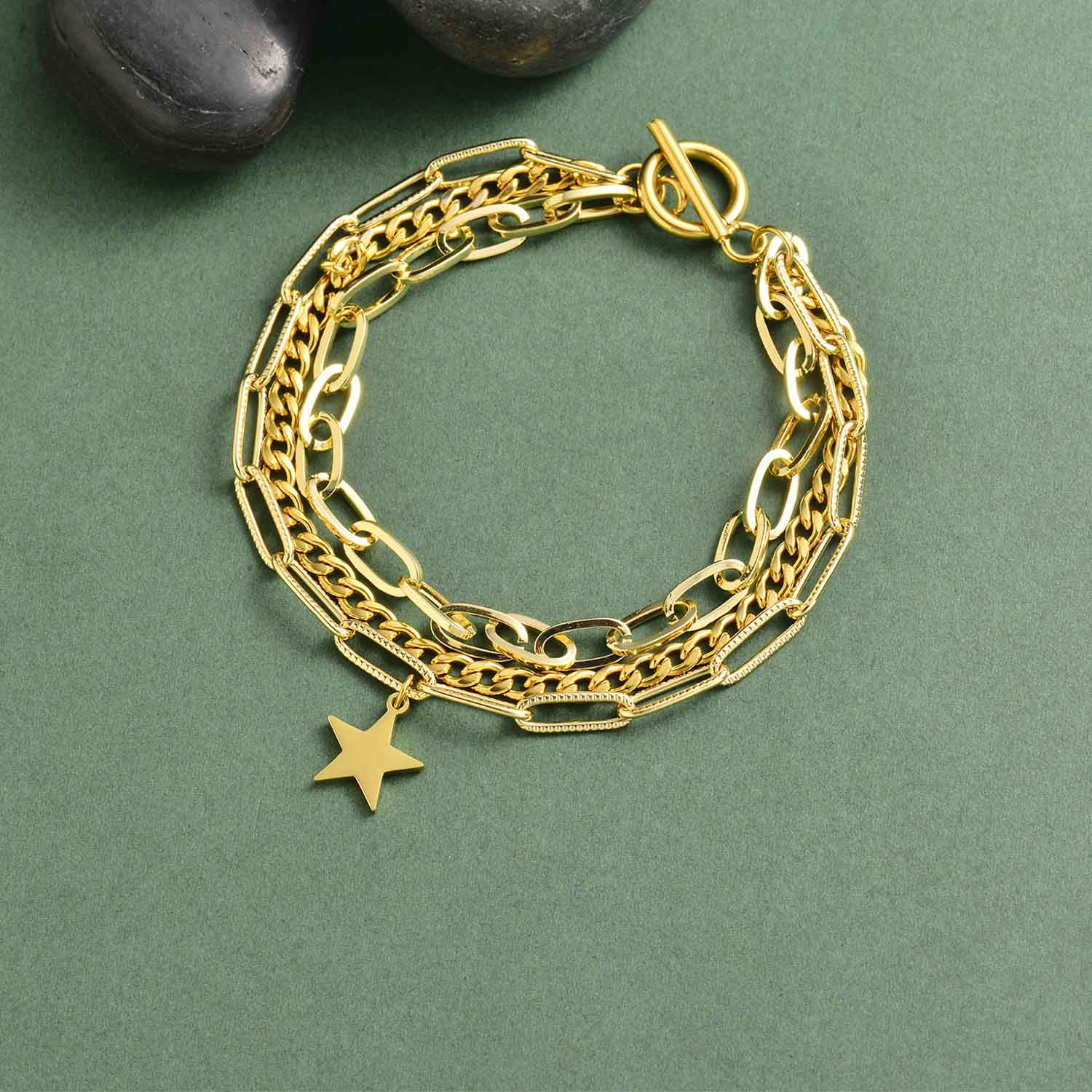 pulsera acero en trible cadena con estrella especial 18K