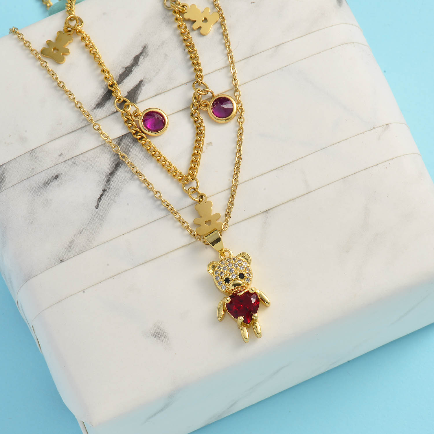 collar acero de doble cadena con piedra rosada dije de osito