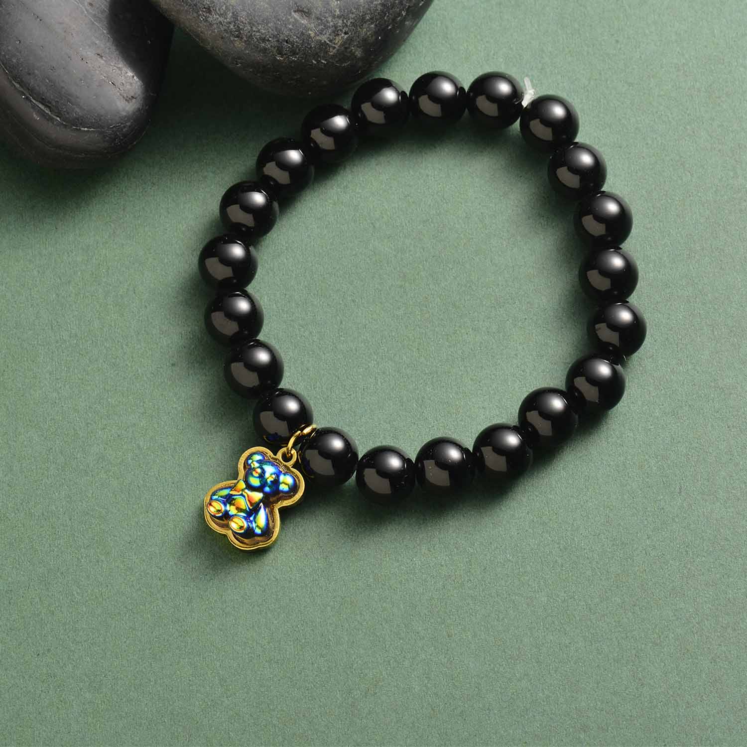 pulsera de bolitas con charm osito color negra para mujer