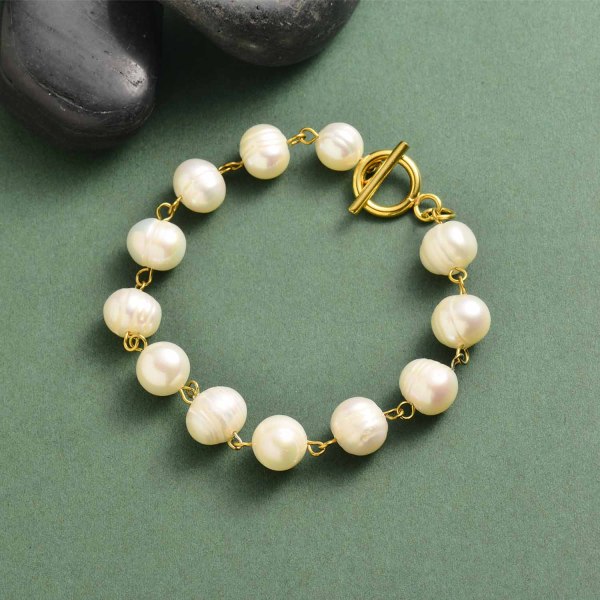 pulsera acero con perla natural estilo simple para playa