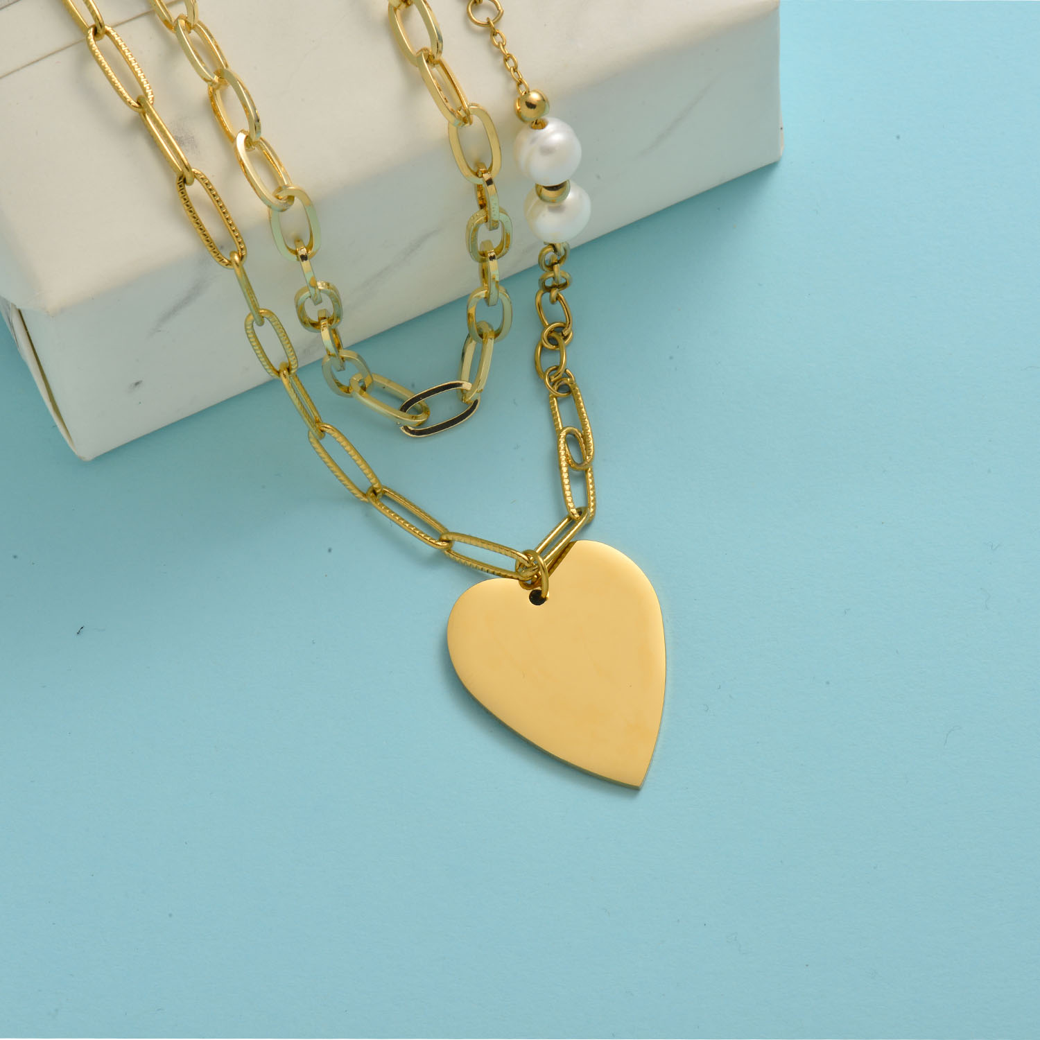 collares doble de moda acero inoxidable 18k con perlas y colgante de corazon por mayor