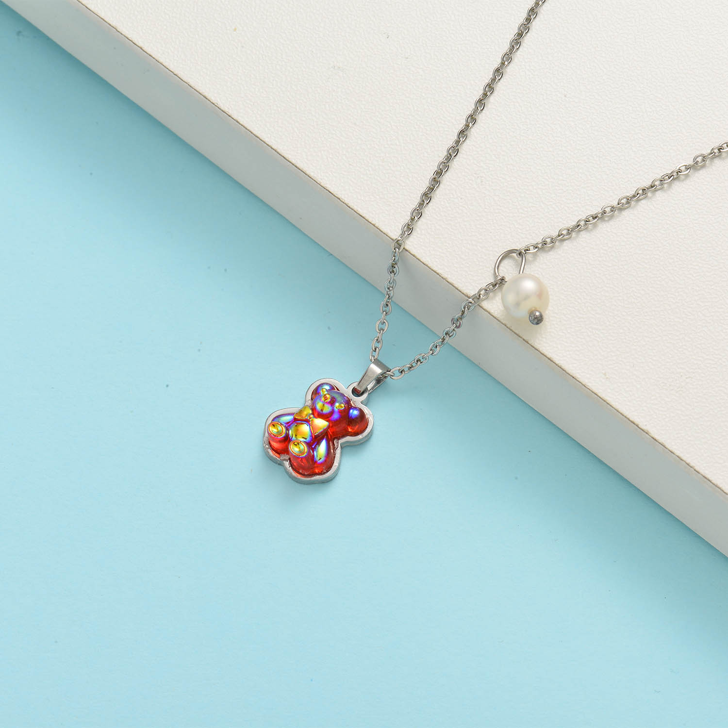 collar de perla natural para mujer con dije de osito rojo color silver