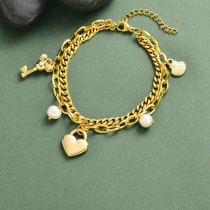 pulsera acero en trible cadena con perlas corazaon charm 18K