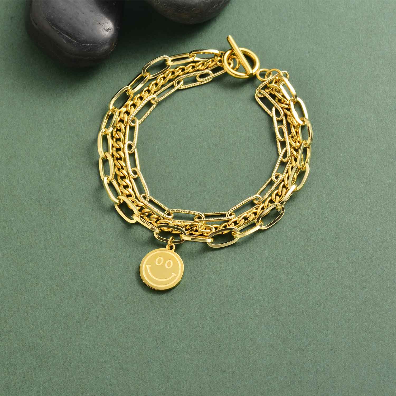 pulsera trible cadena para mujer con dije redondo 18K