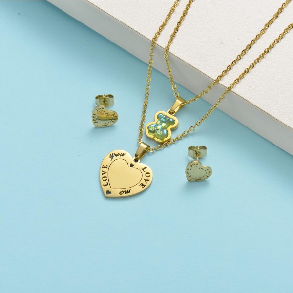conjunto con aretes dije de corazon y charm de osito doble cadena
