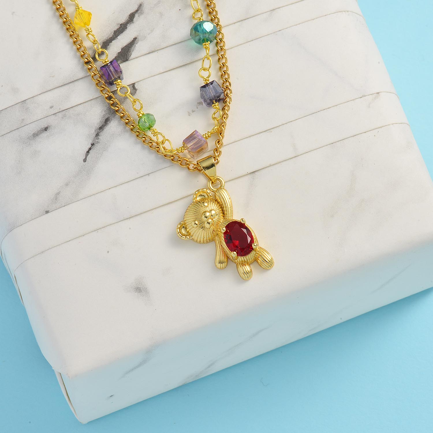 collar de piedra colores para mujer en doble cadena con osito rojo