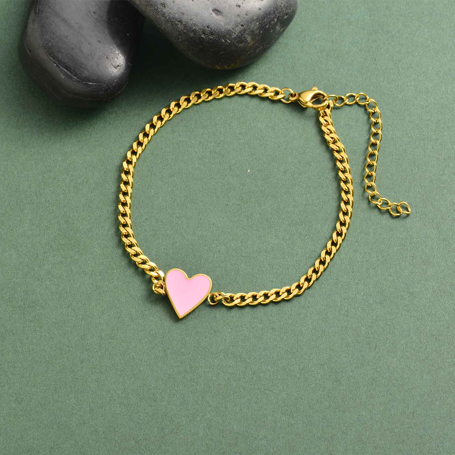 pulsera de acero dorado con corazon rosado de amor 18k