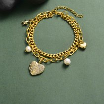 pulsera acero en doble cadena con perlas corazaon charm 18K