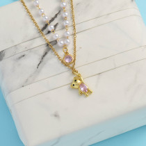 collar de piedra transparente para mujer en doble cadena con osito rosado