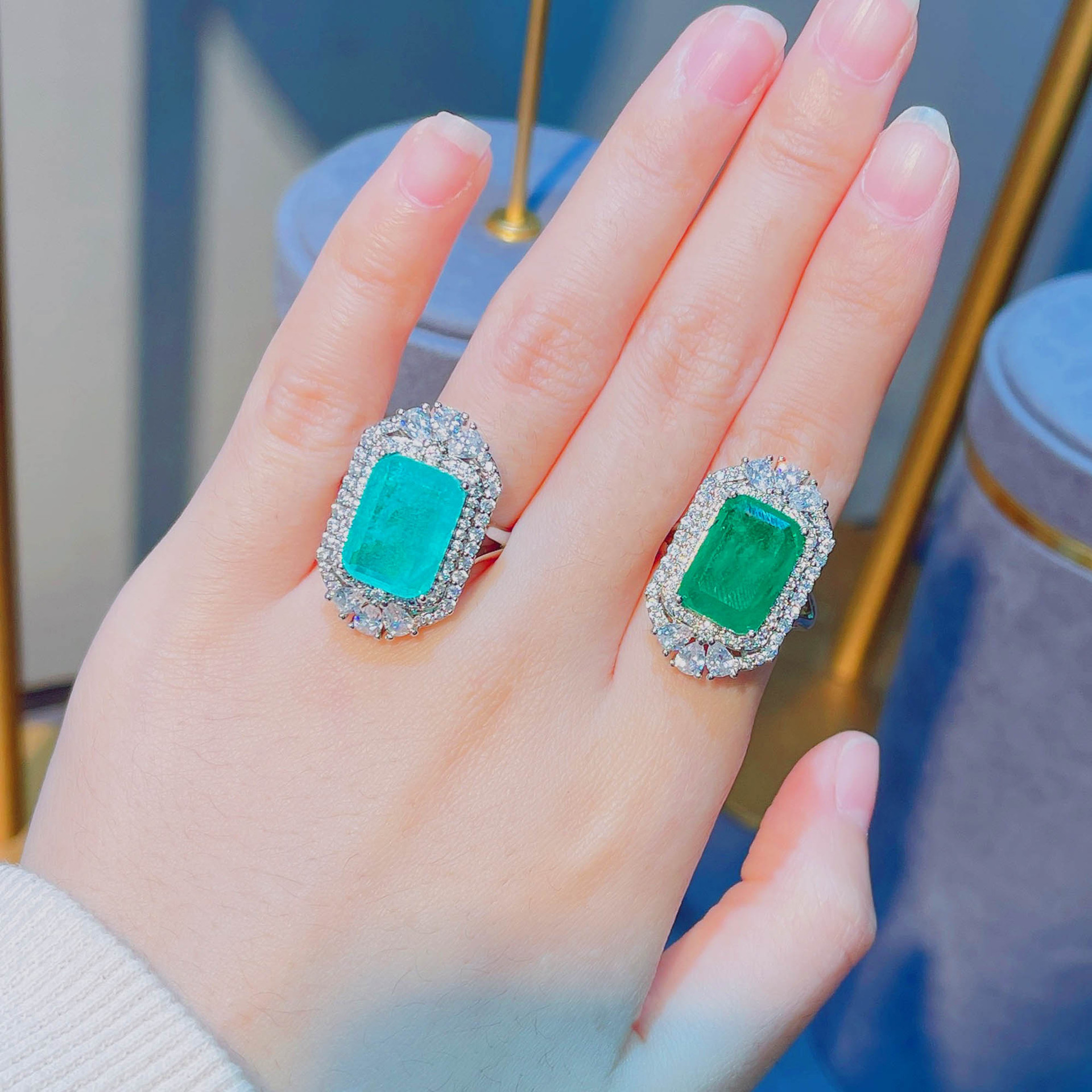 anillos de natural esmeralda diamante ajustable para mujer