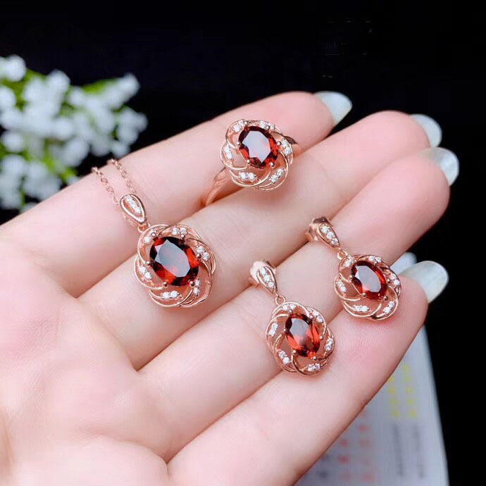 conjunto de anillo aretes y collares sencillos de natural rojo rubí de moda para mujer